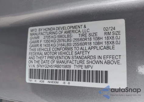 2024 Honda Pilot Ex-L 7 Passenger from USA, damaged, VIN 5FNYG2H51RB015809